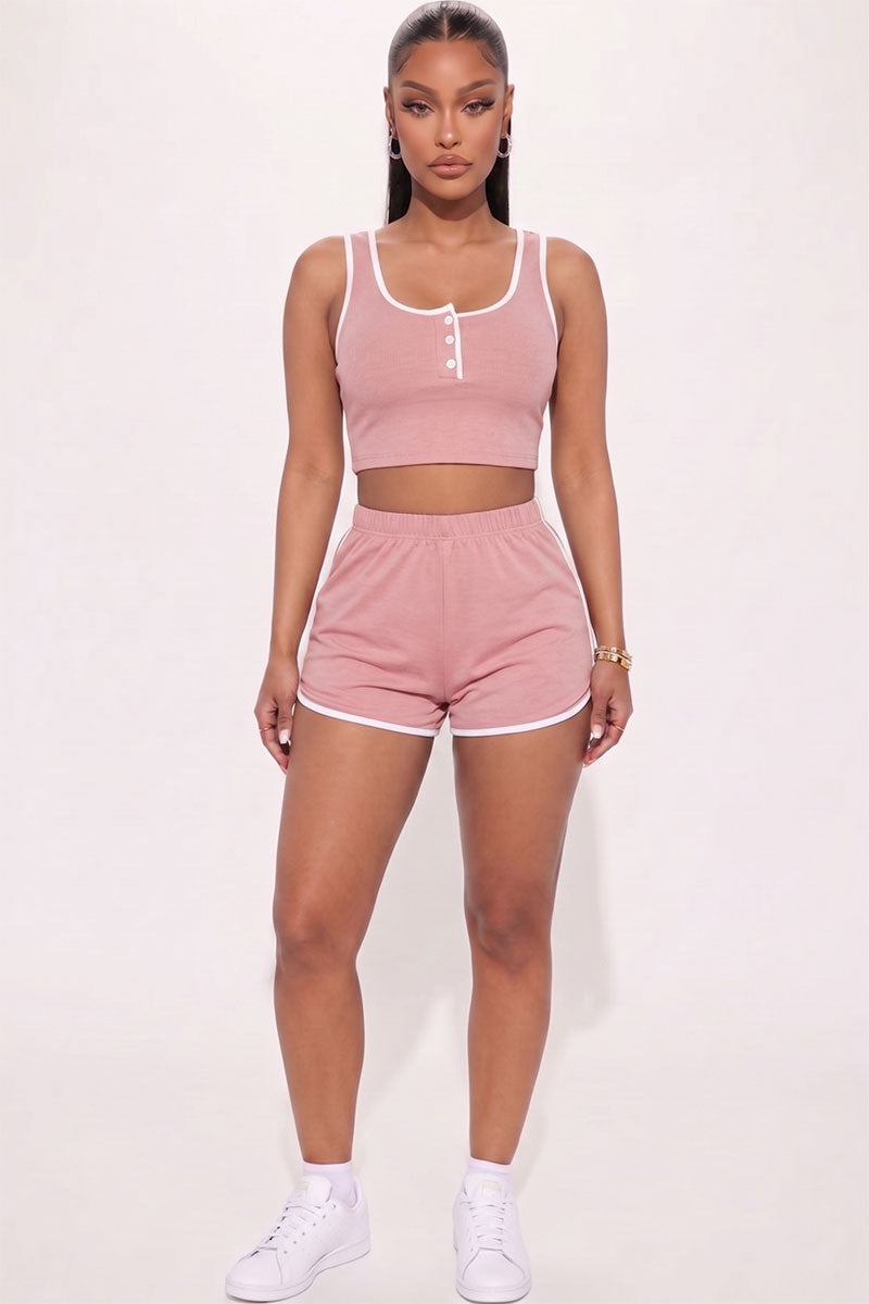 Casual French Terry Sleeveless Button Front Contrast Trim Cropped Tank Top and Shorts Set