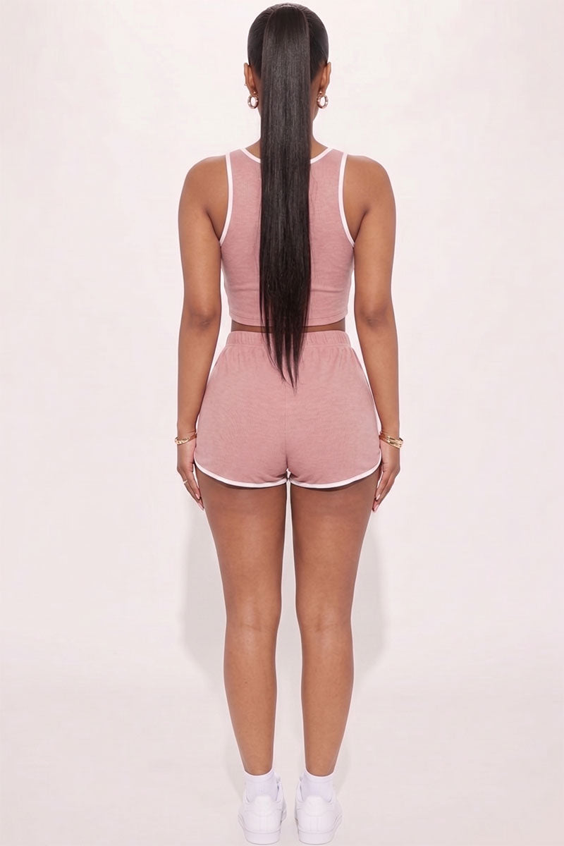 Casual French Terry Sleeveless Button Front Contrast Trim Cropped Tank Top and Shorts Set