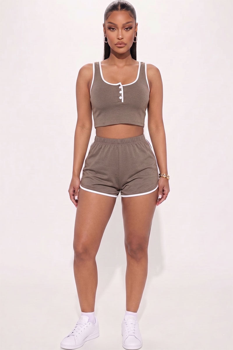 Casual French Terry Sleeveless Button Front Contrast Trim Cropped Tank Top and Shorts Set