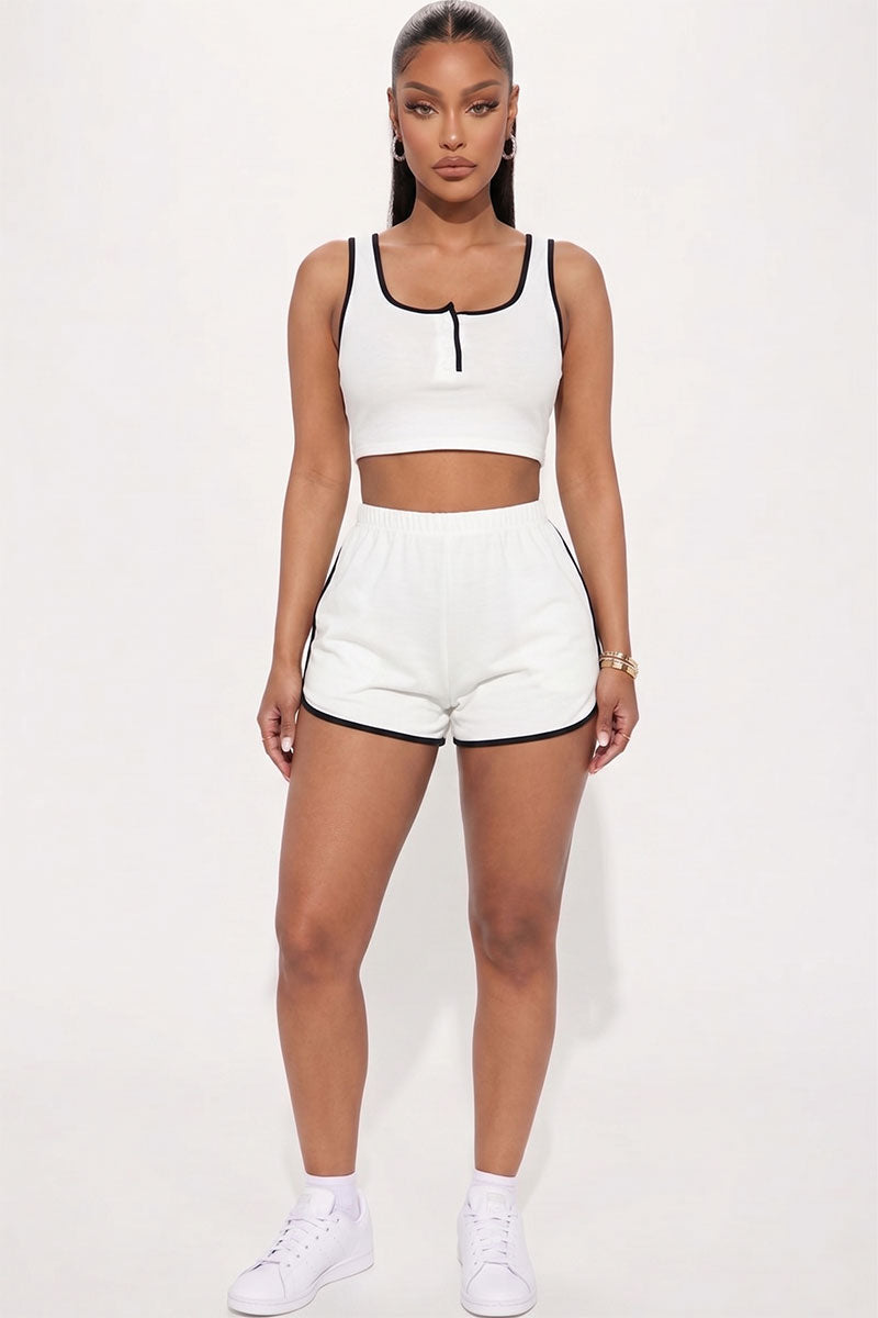 Casual French Terry Sleeveless Button Front Contrast Trim Cropped Tank Top and Shorts Set