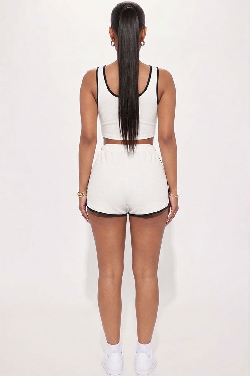Casual French Terry Sleeveless Button Front Contrast Trim Cropped Tank Top and Shorts Set