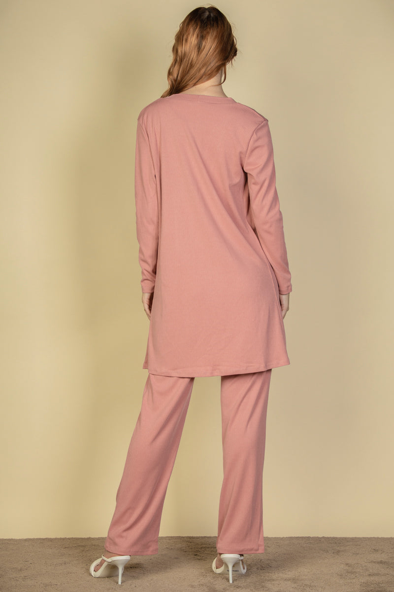 Flat Back Rib 3 Pieces Cami Top with Pants and Long Cardigan Set