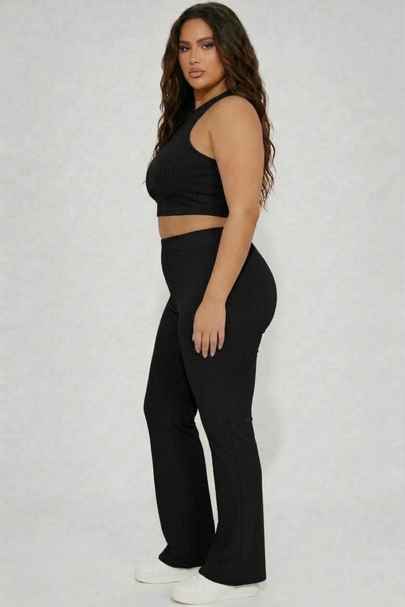 Plus Ribbed Cropped Top and Bootcut Pants Sets