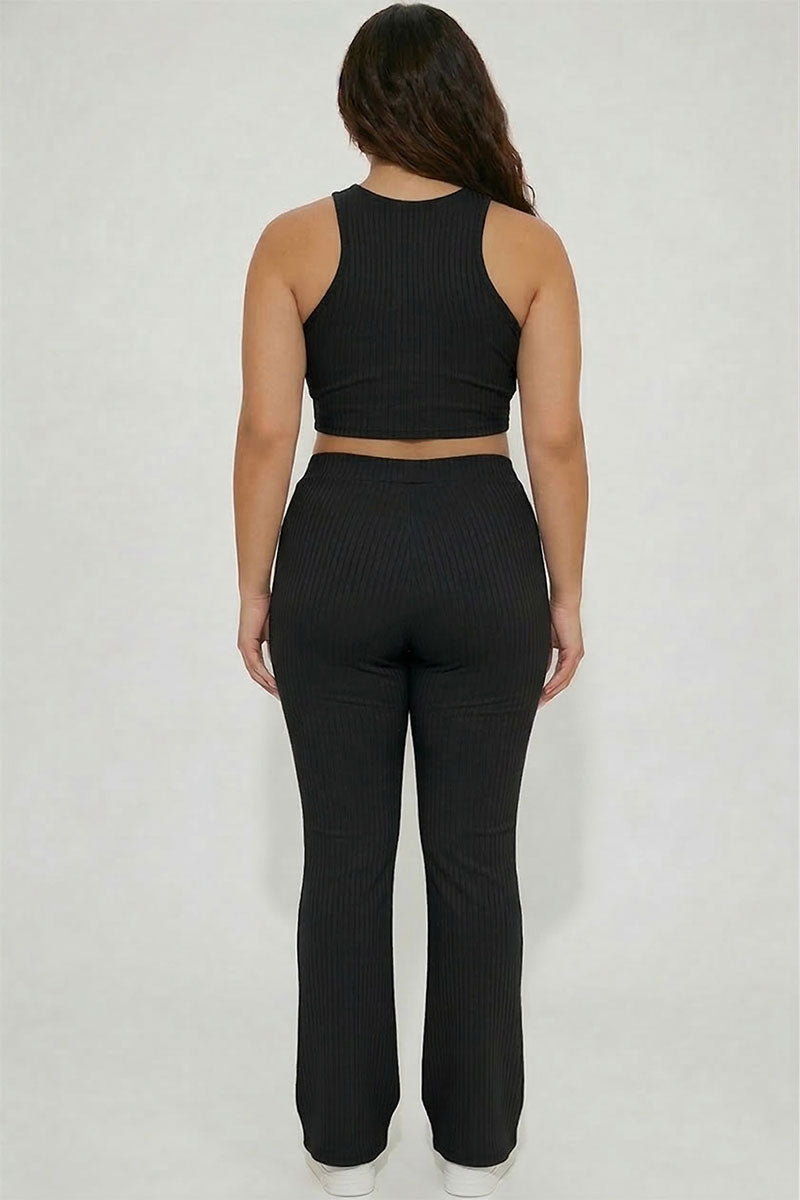 Plus Ribbed Cropped Top and Bootcut Pants Sets
