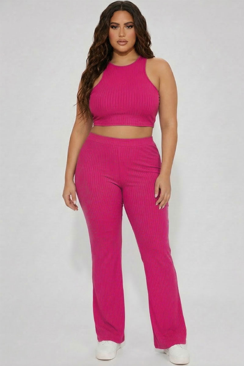 Plus Ribbed Cropped Top and Bootcut Pants Sets
