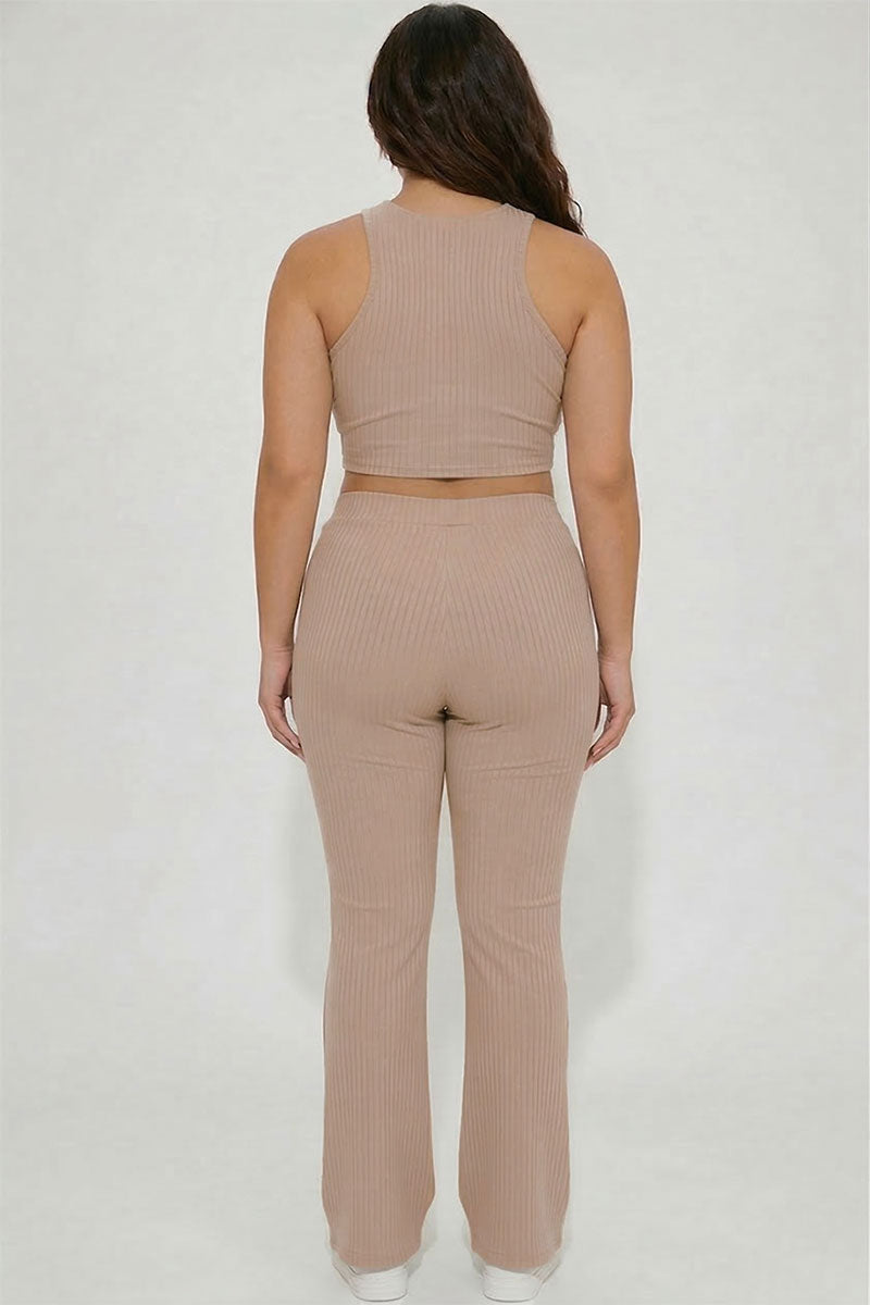 Plus Ribbed Cropped Top and Bootcut Pants Sets