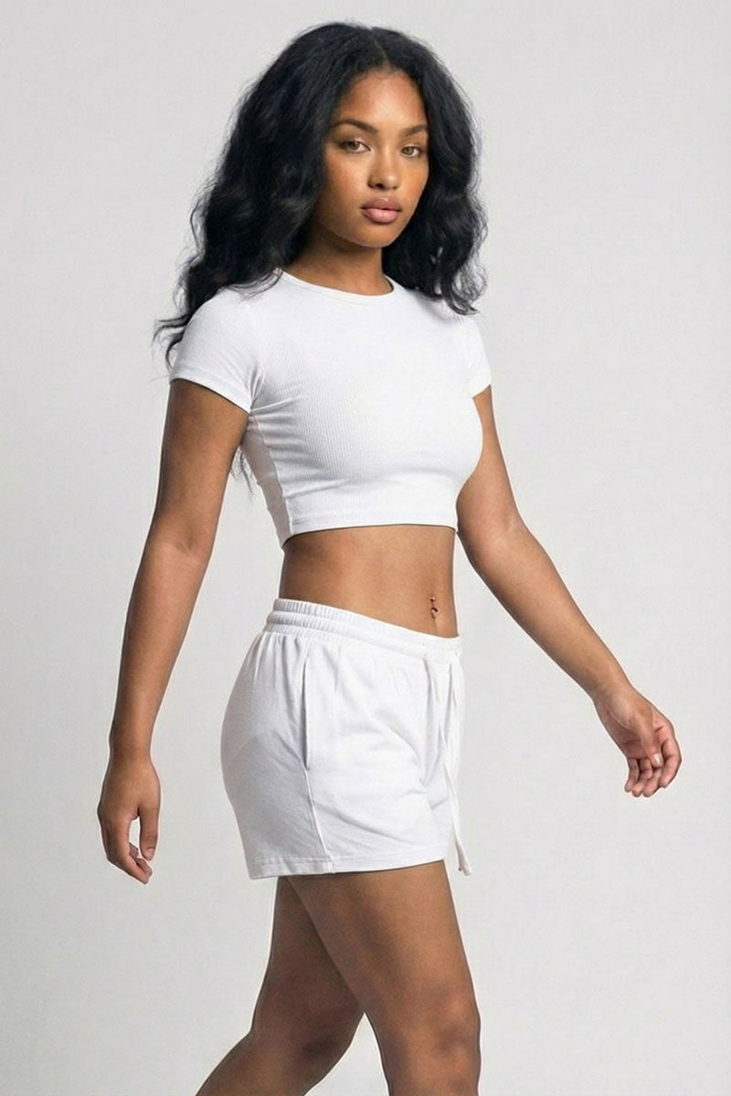 Ribbed Knit Drawstring Lounge Shorts Set