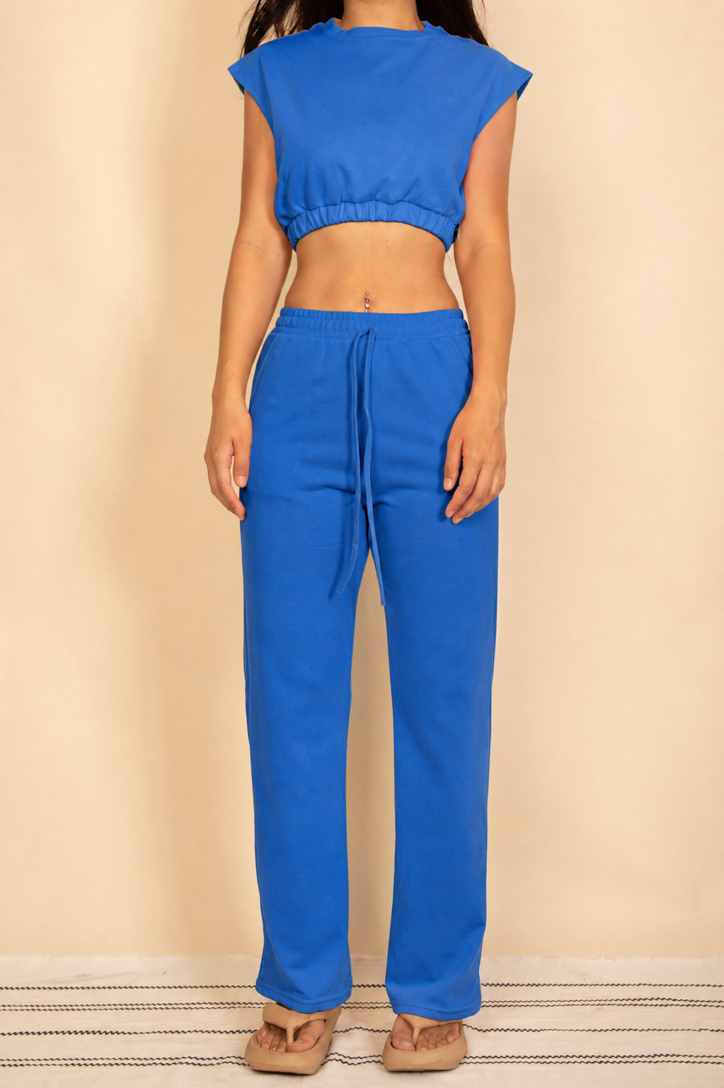 Elastic Hem Crop Top & Wide Leg Pants Set with Faux Drawstring