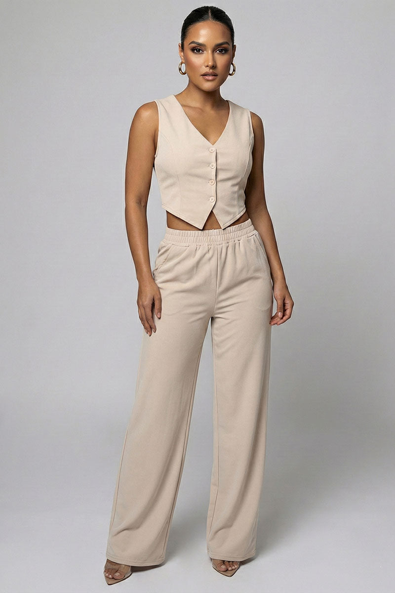 Tailored Button Vest with Adjustable Back Tie & Wide Leg Pants Set