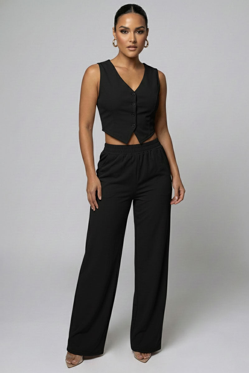 Tailored Button Vest with Adjustable Back Tie & Wide Leg Pants Set