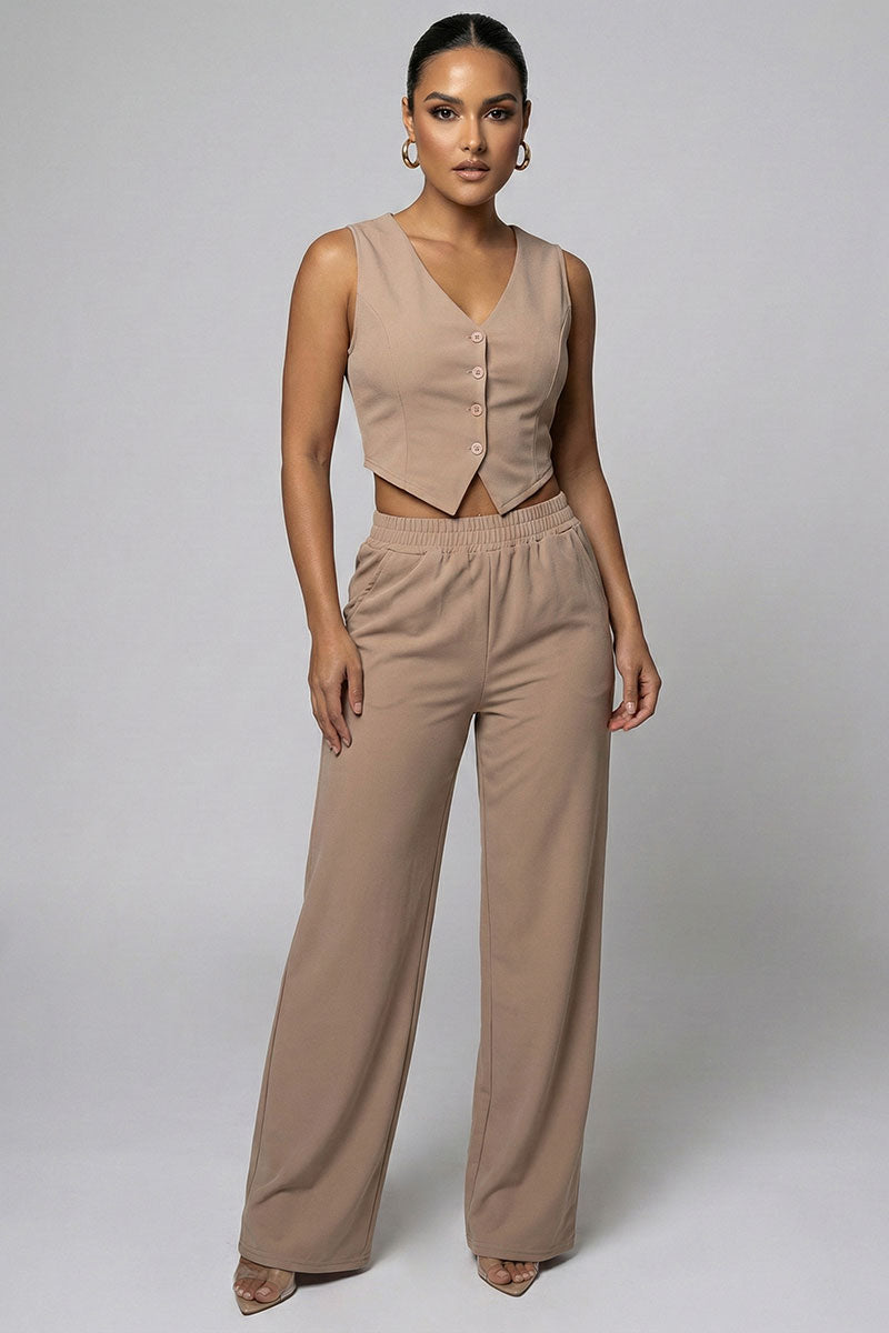 Tailored Button Vest with Adjustable Back Tie & Wide Leg Pants Set