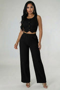 Scoop Neck Button Vest & Wide Leg Pants Set