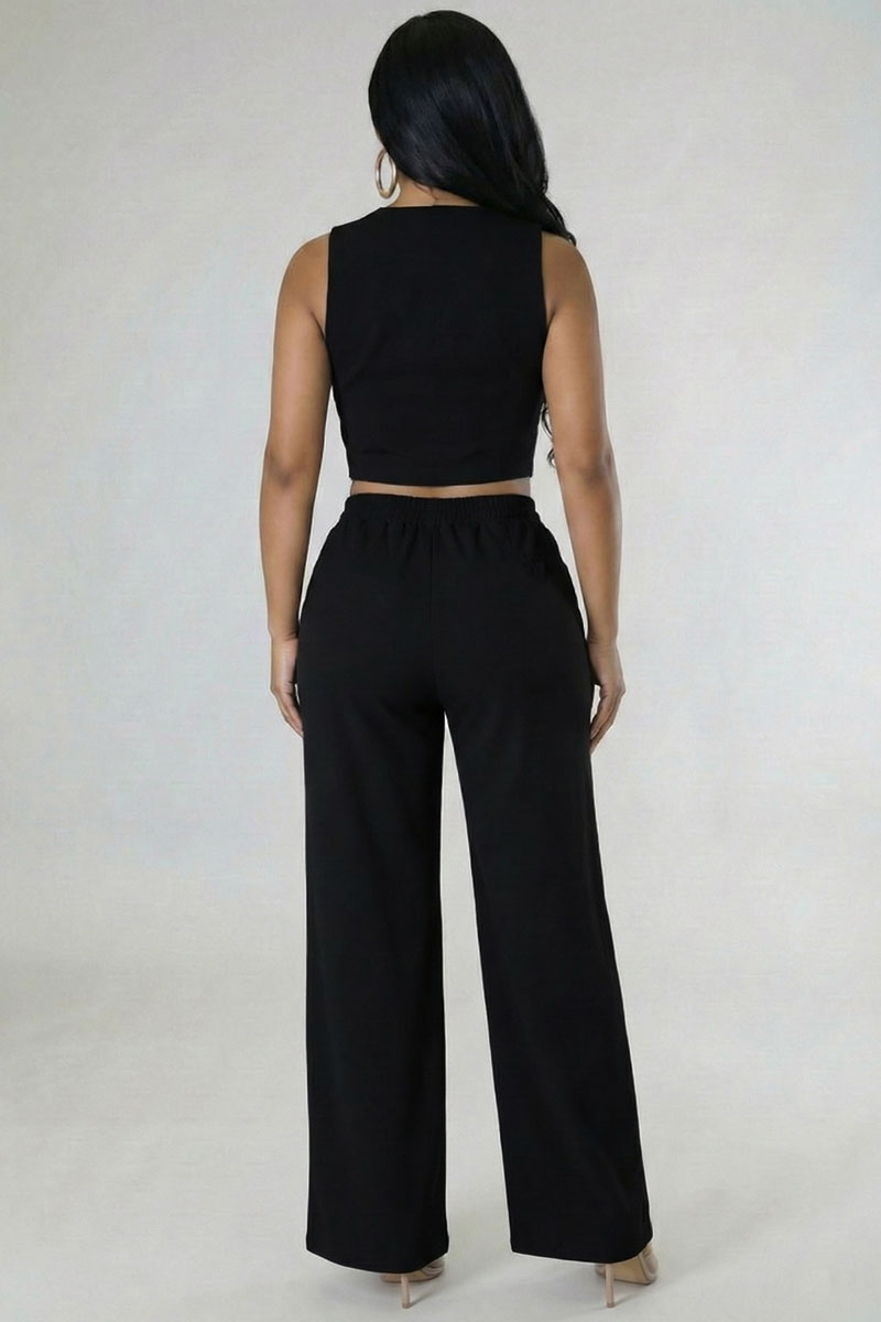 Scoop Neck Button Vest & Wide Leg Pants Set