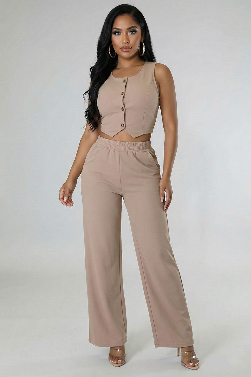 Scoop Neck Button Vest & Wide Leg Pants Set