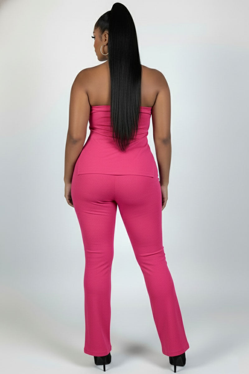 Plus Size Ultra-Fine Ribbed Slit Tube Top & High-Waist Flare Pants Set