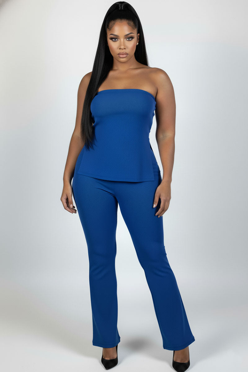Plus Size Ultra-Fine Ribbed Slit Tube Top & High-Waist Flare Pants Set