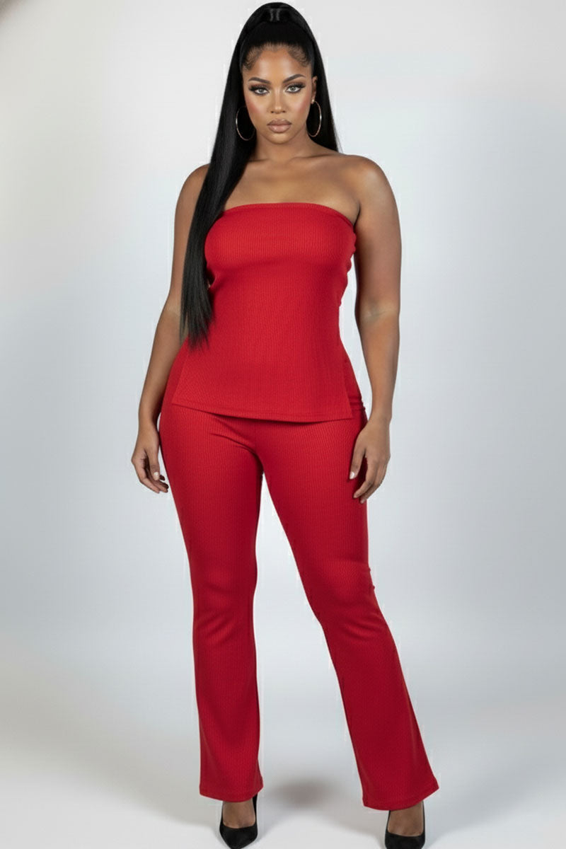 Plus Size Ultra-Fine Ribbed Slit Tube Top & High-Waist Flare Pants Set