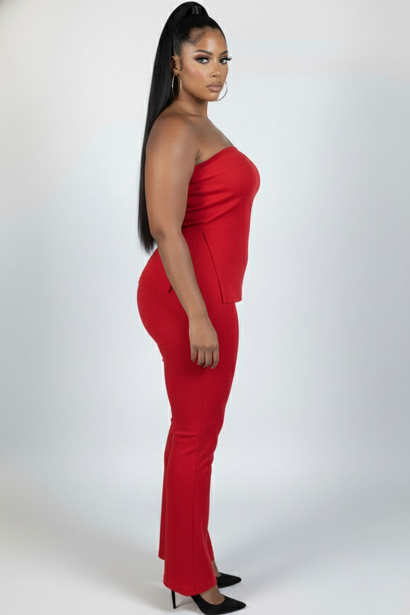 Plus Size Ultra-Fine Ribbed Slit Tube Top & High-Waist Flare Pants Set