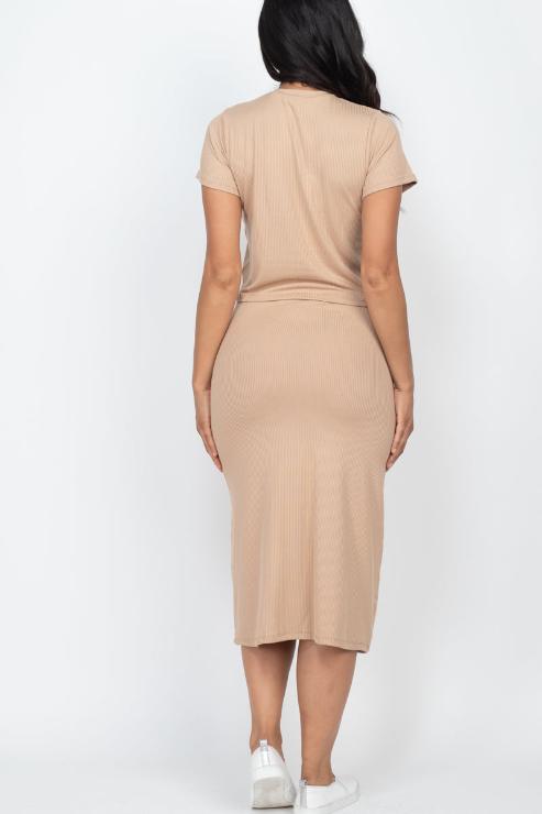 Short Sleeve Ribbed Top & Midi Skirt Set