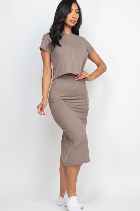 Short Sleeve Ribbed Top & Midi Skirt Set