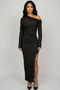 Ribbed Knit Off-Shoulder Top & Maxi Skirt Set