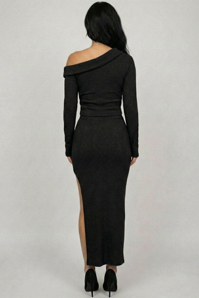 Ribbed Knit Off-Shoulder Top & Maxi Skirt Set