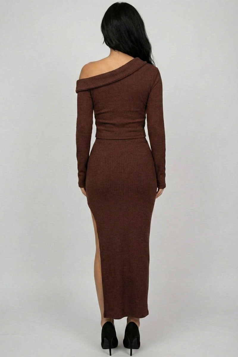 Ribbed Knit Off-Shoulder Top & Maxi Skirt Set