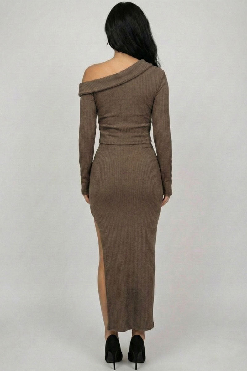 Ribbed Knit Off-Shoulder Top & Maxi Skirt Set