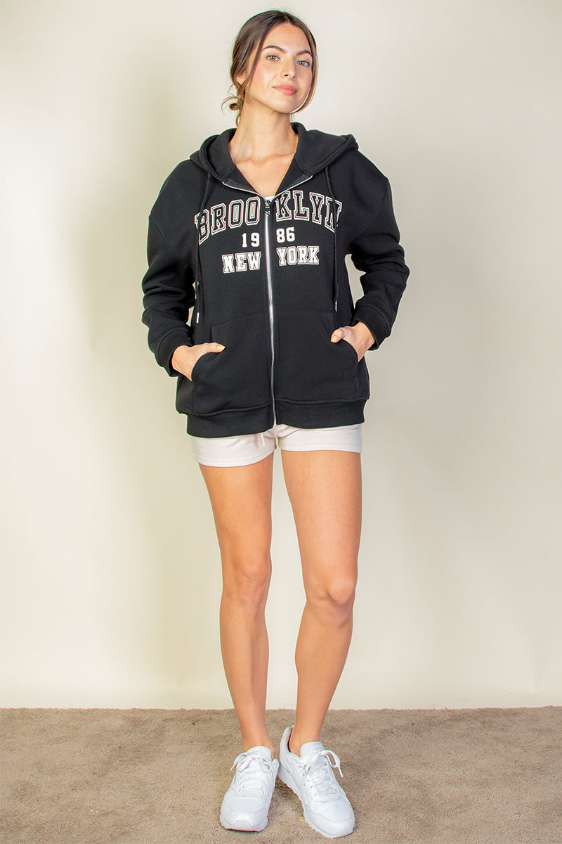 Graphic Drop Shoulder Zipper Up Hoodie