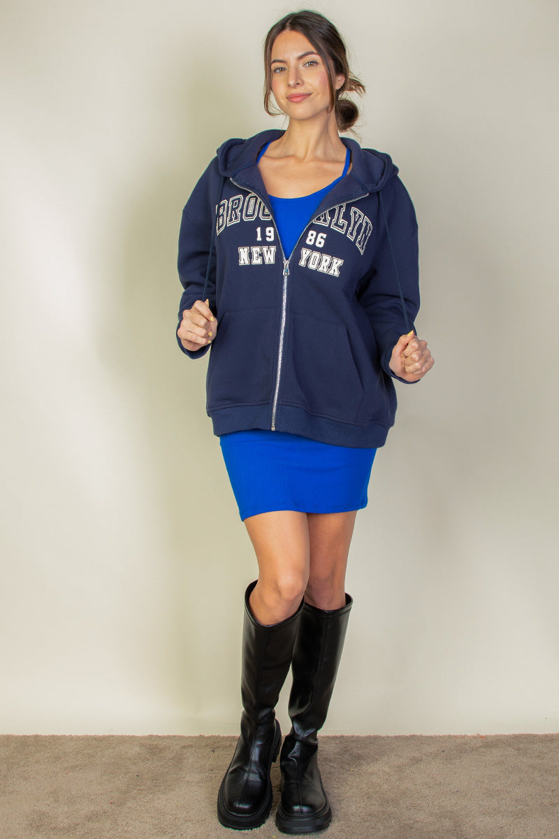 Graphic Drop Shoulder Zipper Up Hoodie