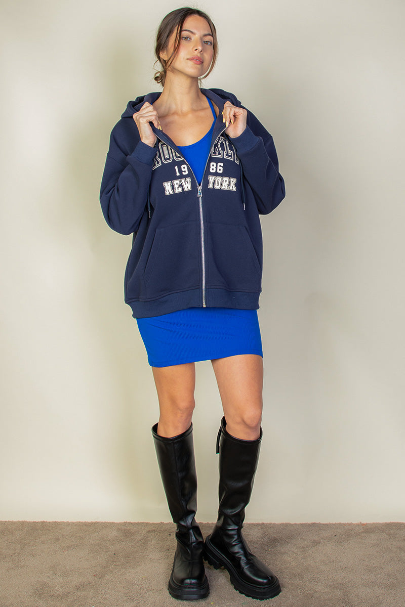 Graphic Drop Shoulder Zipper Up Hoodie