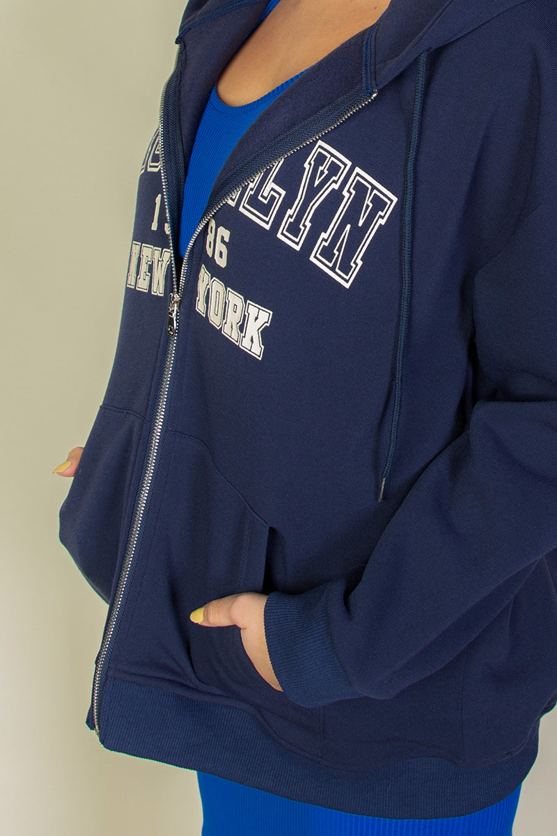 Graphic Drop Shoulder Zipper Up Hoodie