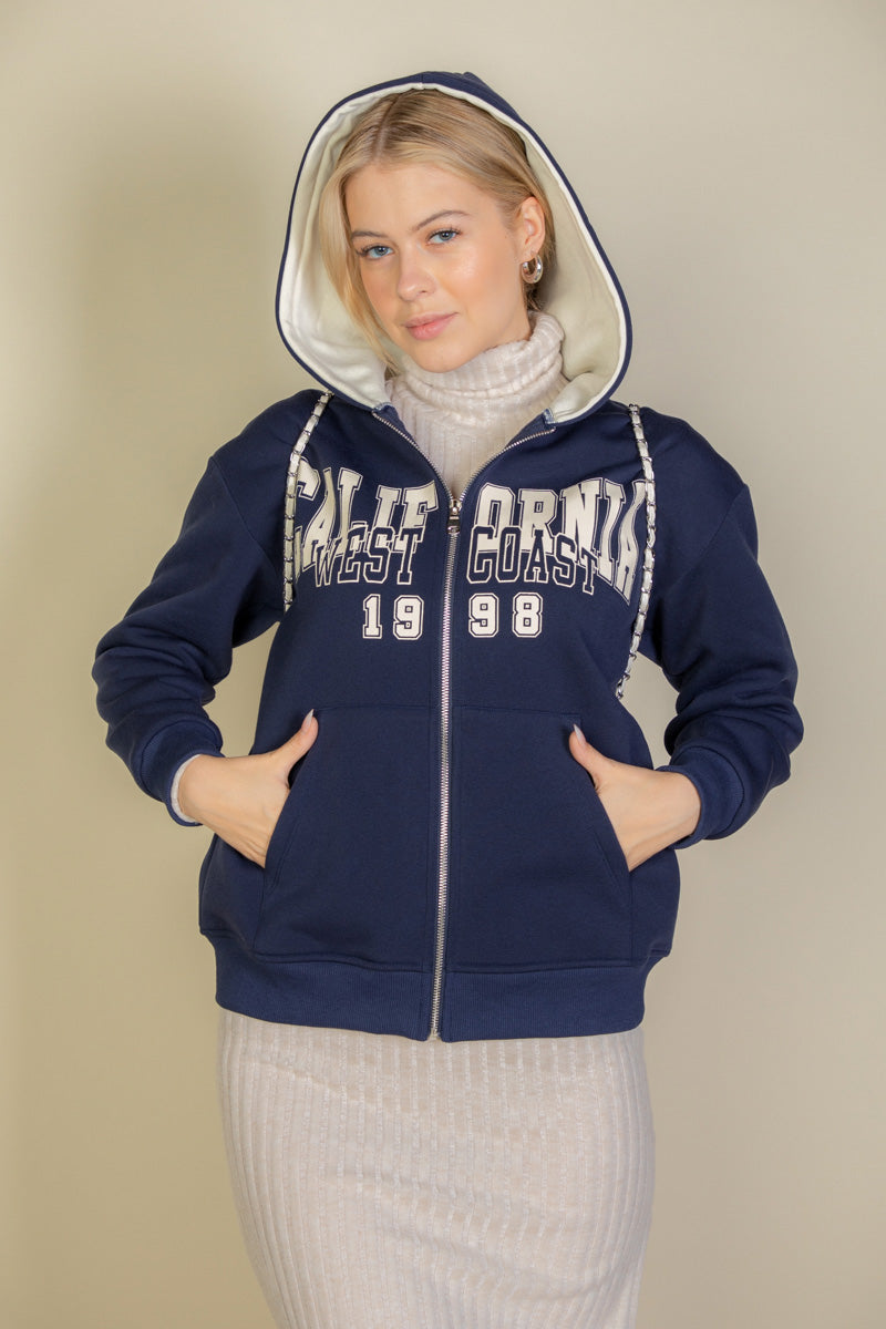 Graphic Drop Shoulder Zipper Up Hoodie