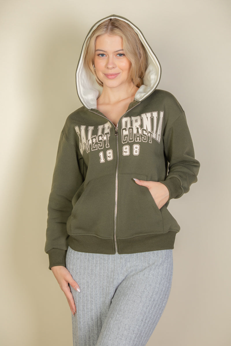 Graphic Drop Shoulder Zipper Up Hoodie