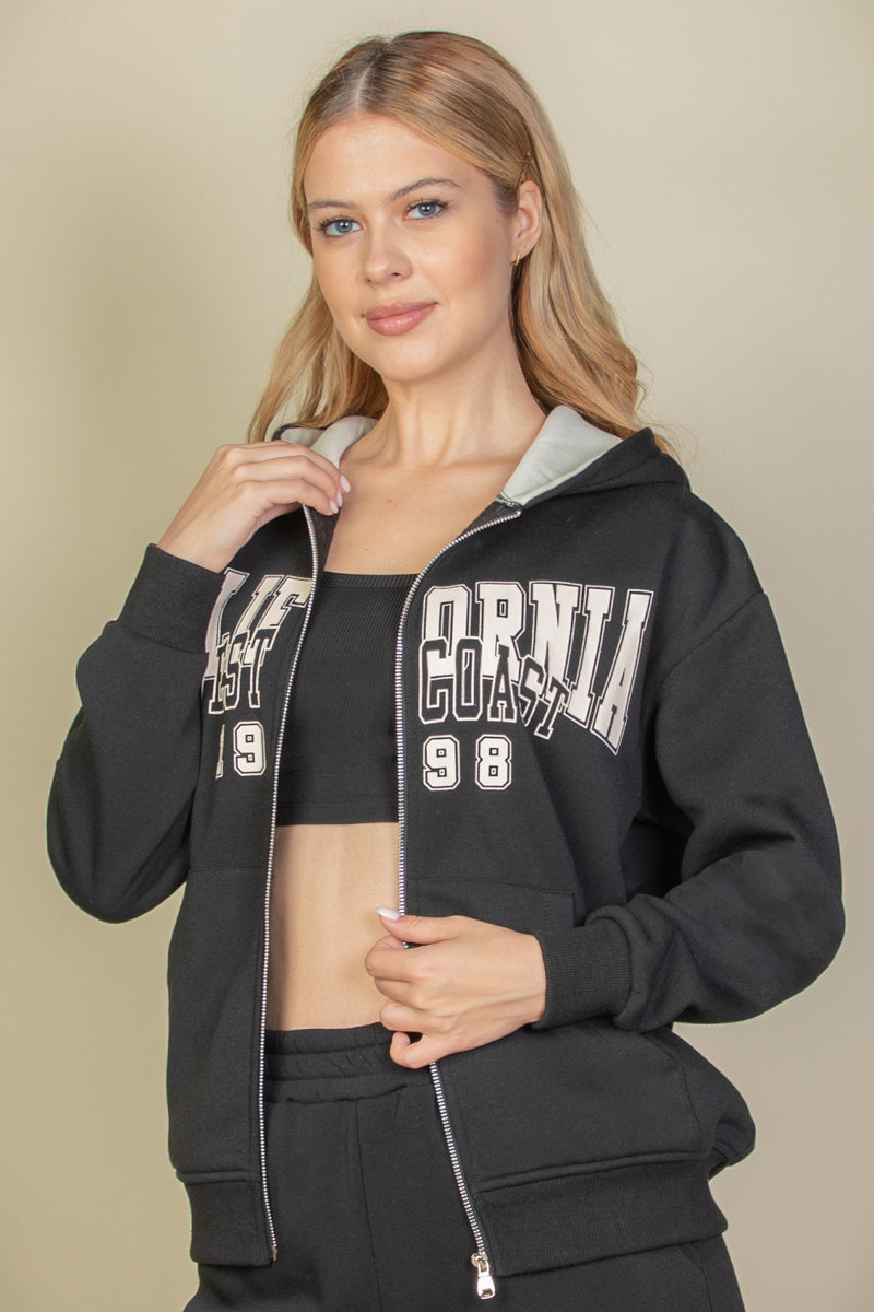 Graphic Drop Shoulder Zipper Up Hoodie