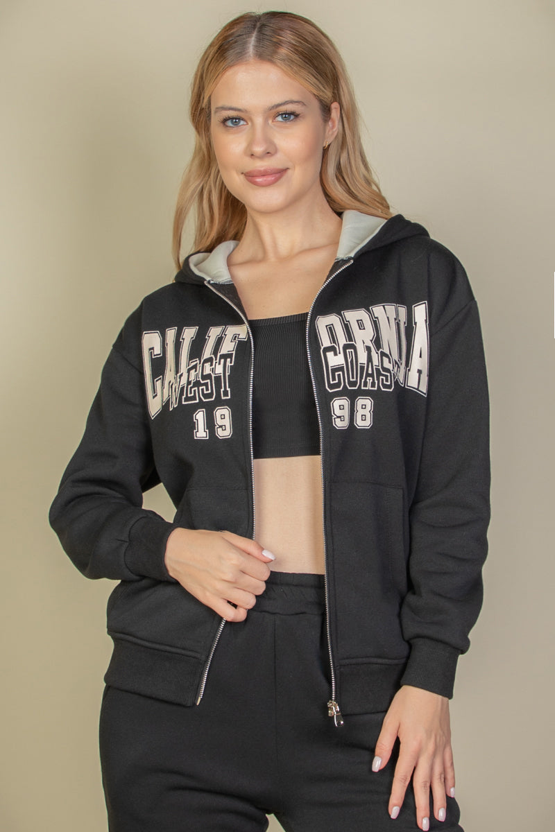 Graphic Drop Shoulder Zipper Up Hoodie
