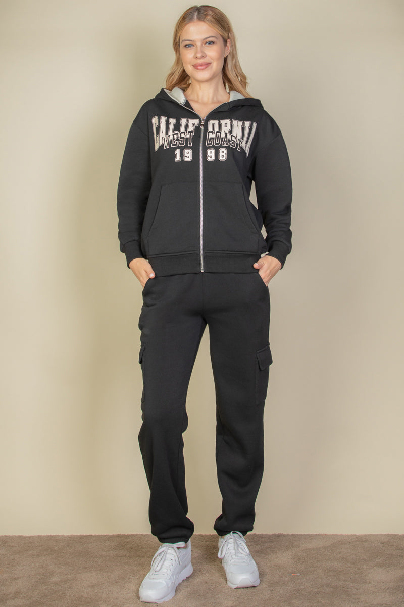 Graphic Drop Shoulder Zipper Up Hoodie