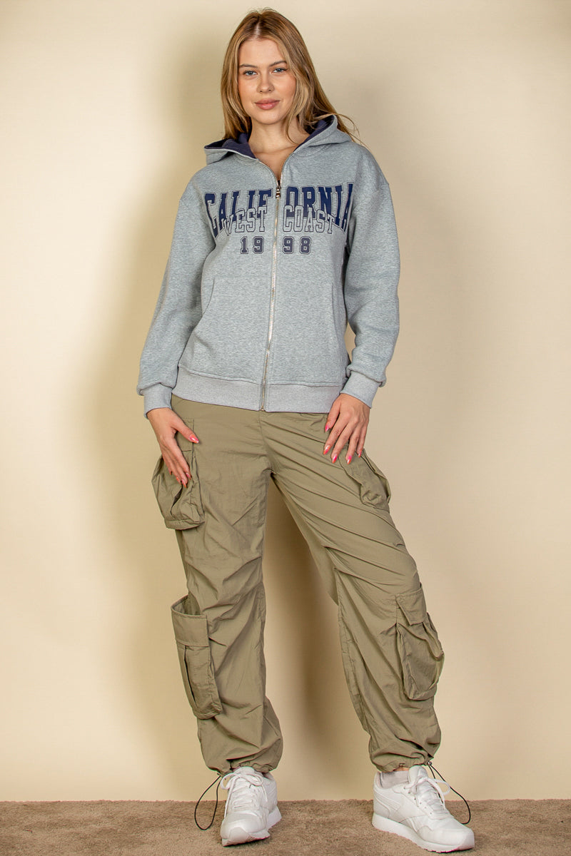 Graphic Drop Shoulder Zipper Up Hoodie