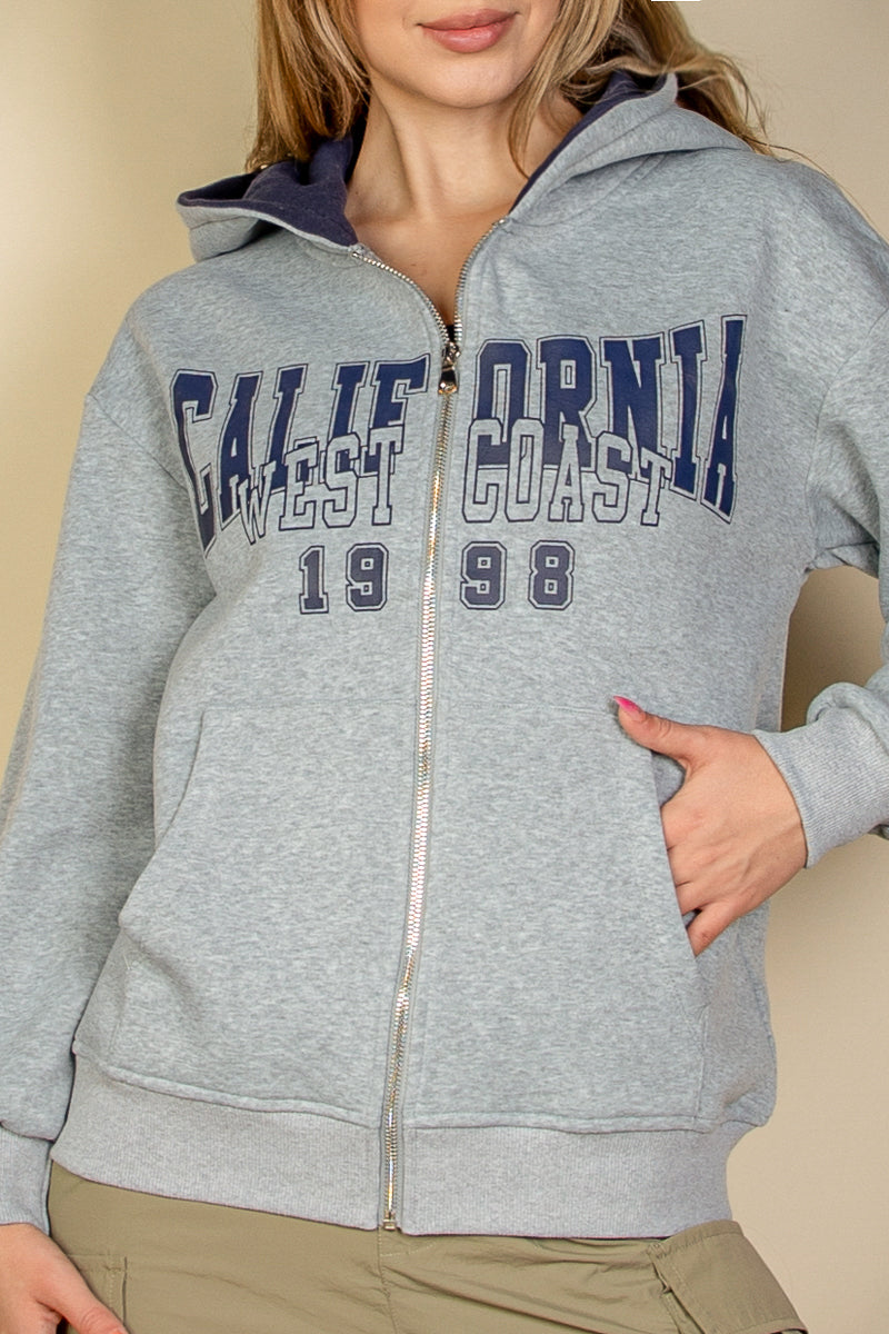 Graphic Drop Shoulder Zipper Up Hoodie