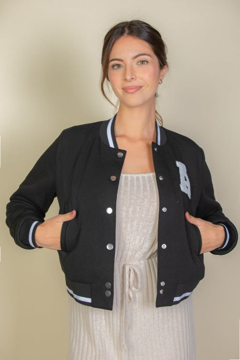EZwear Letter Patched Crop Varsity Jacket