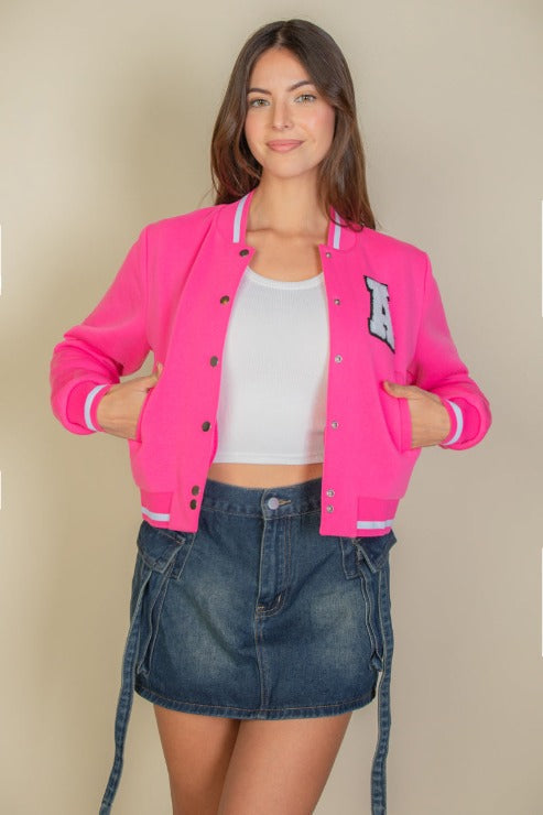 EZwear Letter Patched Crop Varsity Jacket