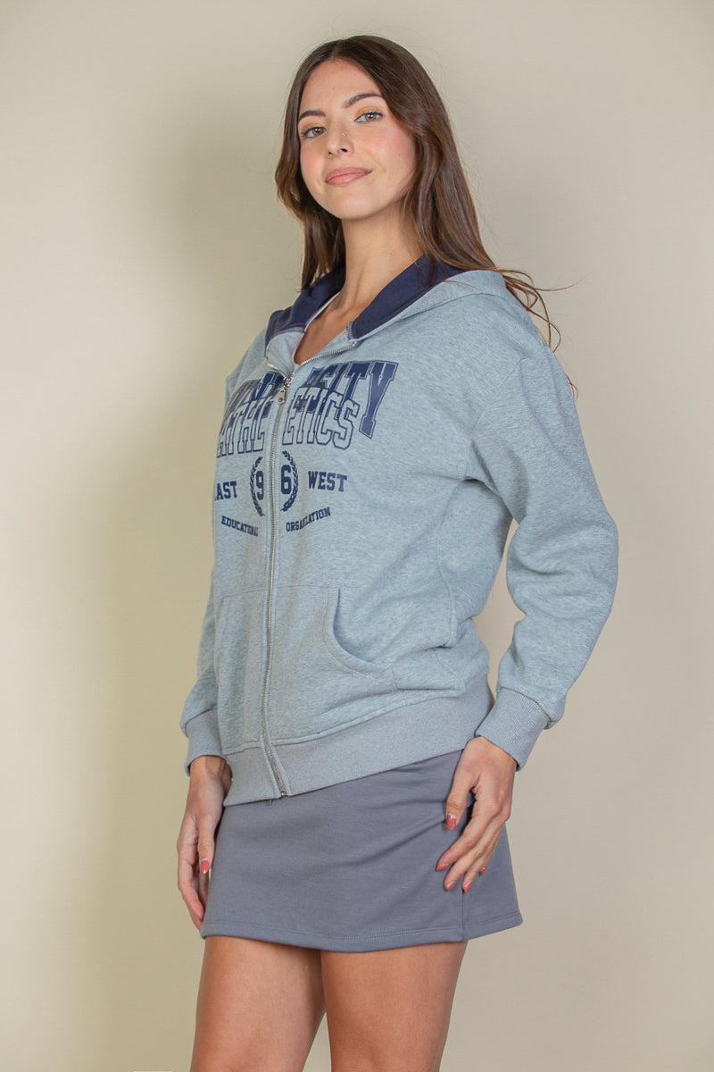 Graphic Drop Shoulder Zipper Up Hoodie